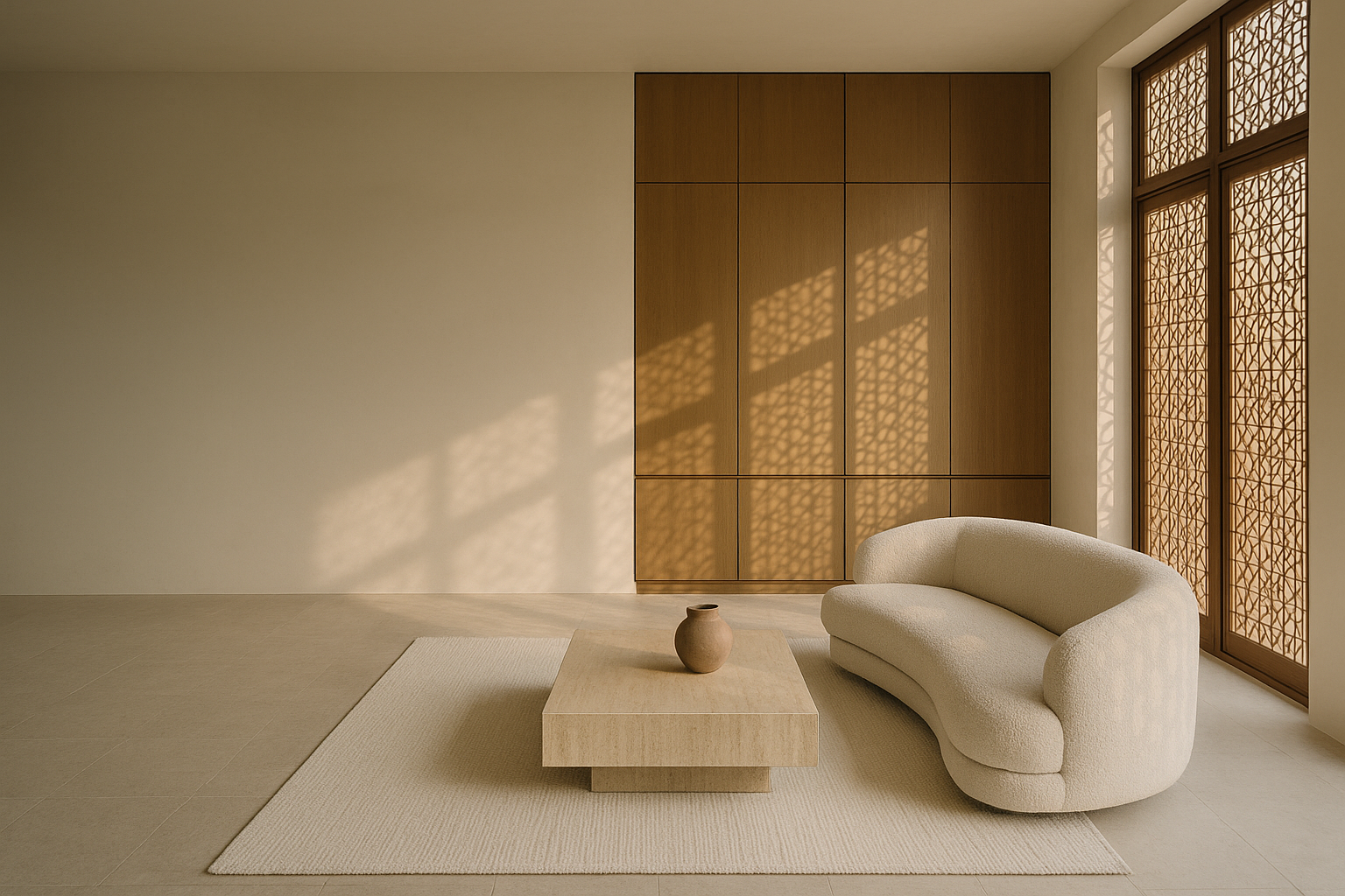 Wide eye-level view of a serene living room in a DHA Lahore residence: ivory limewash walls, a sculptural cream bouclé sofa around a low beige travertine table, and long warm late-afternoon shadows cast through tall jaali-screened windows, with bespoke warm oak joinery and a handwoven rug in a symmetrical composition with generous negative space