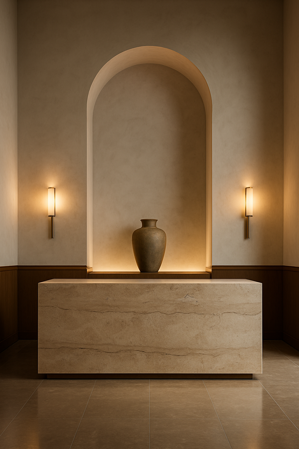 Boutique hotel lobby, Lahore: monolithic beige travertine reception desk beneath concealed ambient lighting, symmetrical composition with an arched niche behind