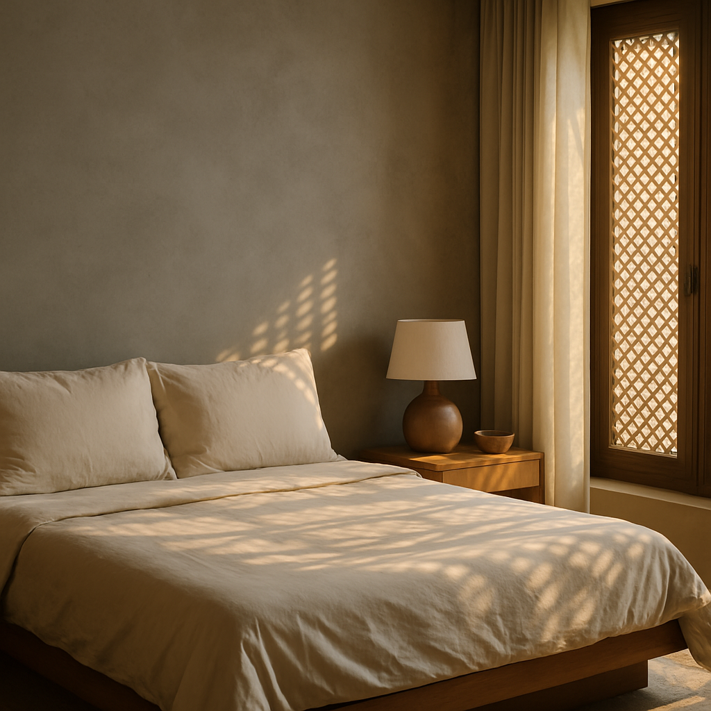 Boutique hotel suite, Lahore: low bed dressed in cream linen against a stone grey plaster wall, oak side table with ceramics, gentle late-afternoon light