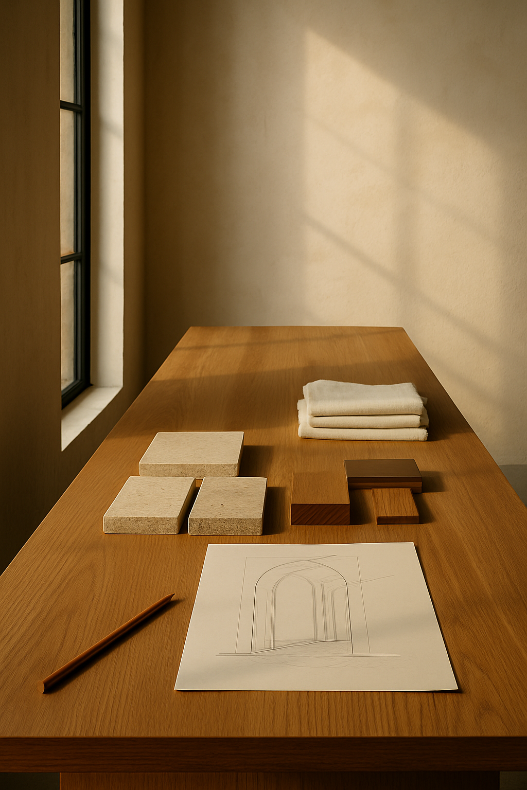 A long oak worktable in the Atelier Noma studio, laid with beige travertine swatches, warm oak offcuts, linen fabric samples and pencil sketches of an arched doorway, lit by soft daylight from a tall window with long warm shadows across limewashed walls