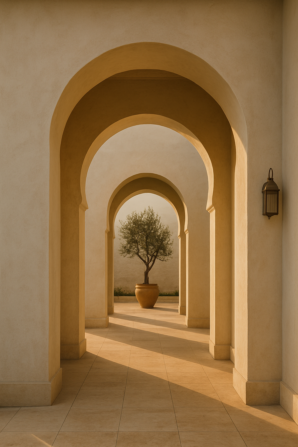 Courtyard House, Raiwind Road farmhouse: ivory limewash arched doorways framing a travertine courtyard, long golden-hour shadows falling across the stone floor
