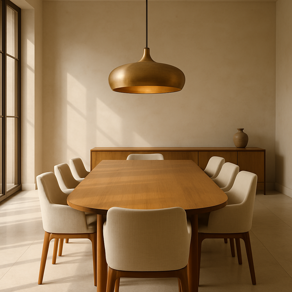 Linden Residence, Gulberg: dining room with a solid warm oak table, cream linen chairs and a sculptural brass pendant glowing above, soft daylight through tall windows