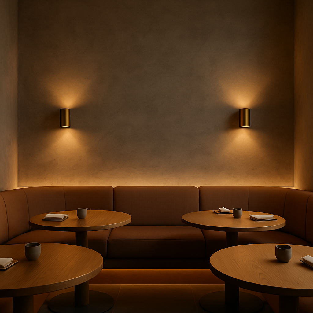 Fine-dining restaurant, Gulberg: curved clay-toned banquettes and oak tables under warm brass wall lights at dusk, intimate and calm atmosphere
